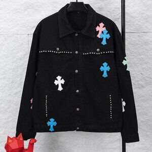 Chrome Hearts Black Denim Jacket With A Colorful Cross Patch